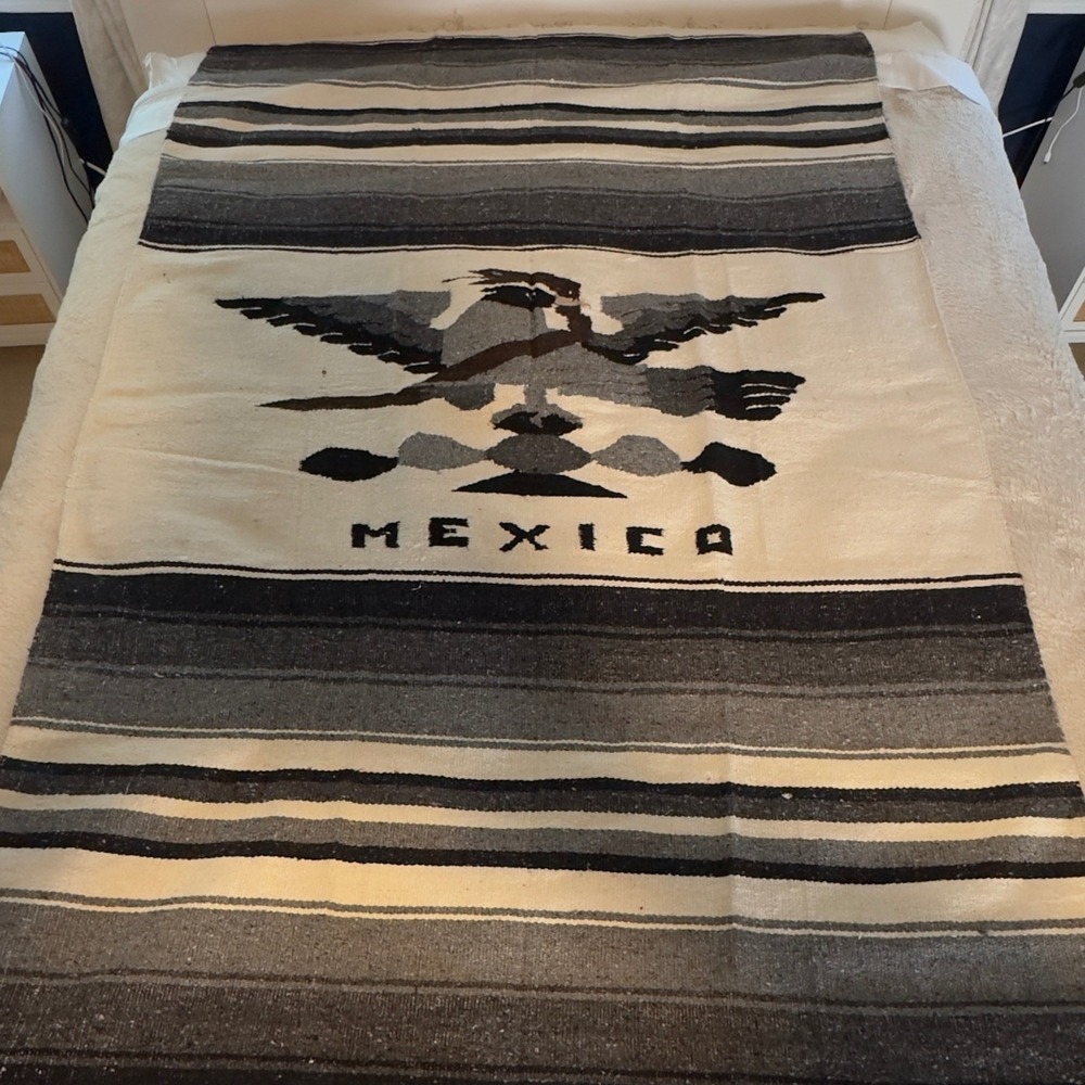 Vintage Mexican Serape Blanket Eagle Snake Mexico Black Grey Woven Throw 48x78